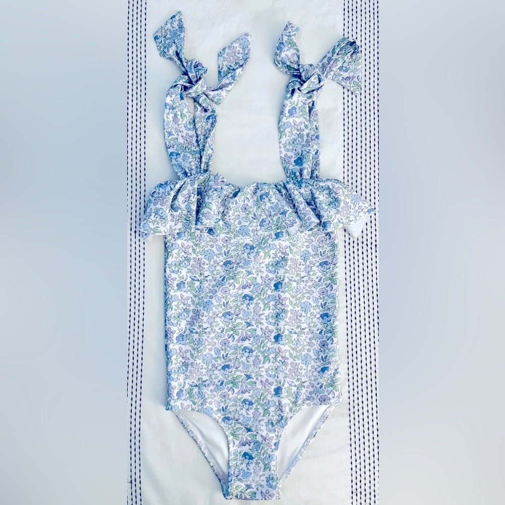 Cecil and Lou Girls’ Blue & Green Floral Lycra Shoulder Tie Swimsuit in Size 6